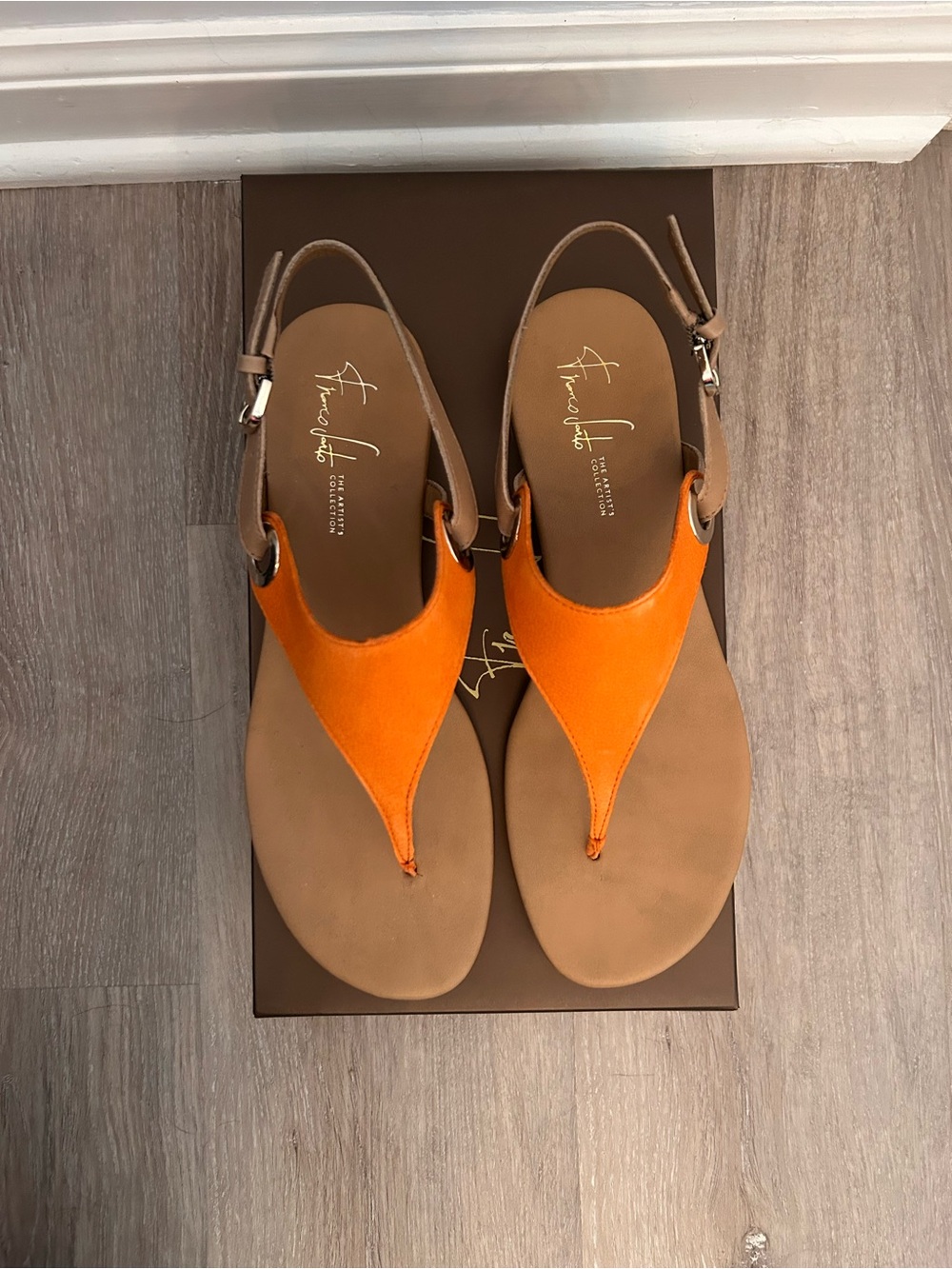 Franco Sarto Orange and Tan Slingback Thong Sandals